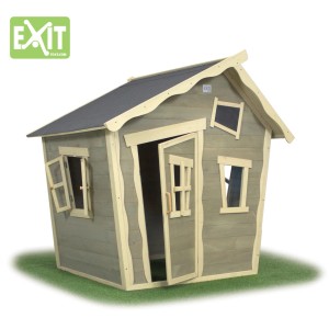 Maisonnette en bois EXIT Crooky 100, gris-beige, design tordu, avec porte et fenêtres.