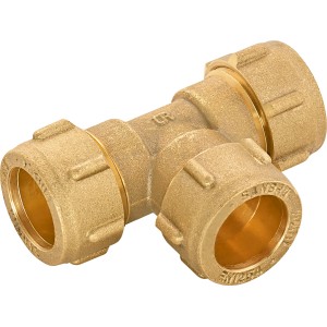 Raccordo a T a compressione in ottone 31mm per riscaldamento e idraulica, montaggio senza attrezzi.