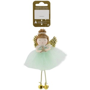 Adorable ange en tissu 11 cm menthe avec ailes dorées, étoile et clochettes. Décoration de Noël à suspendre.