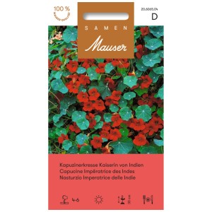 Confezione di semi di nasturzio 'Imperatrice delle Indie' con fiori rosso scuro e foglie verdi rotonde.