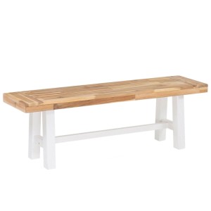 Banc de jardin Scania en bois d'acacia, design marron-blanc. Assise avec motif à lattes, pieds blancs.