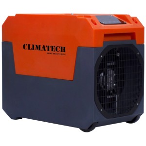Déshumidificateur industriel Climatech YGL-60D, orange et noir, avec roulettes et panneau numérique.