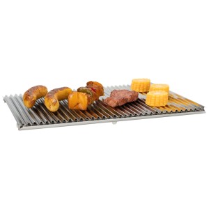 Plaque à griller à lamelles Nouvel avec saucisses, légumes, maïs et steak. Ustensile de grill pour de belles rayures.
