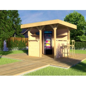 Gazebo da giardino Weka Rimini con tetto piatto, 262x262 cm, con bancone, frigorifero e posti a sedere in giardino.