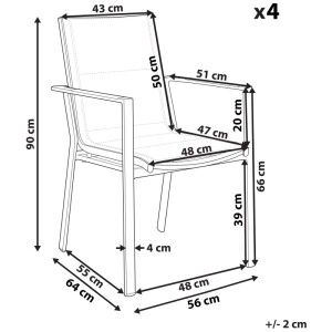 Schizzo: Set 4 sedie da giardino Beliani Busseto, alluminio, dimensioni