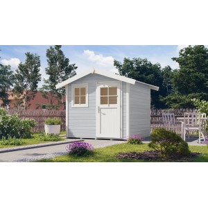 Abri de jardin en bois gris avec toit à deux pentes, fenêtre et porte dans le jardin.
