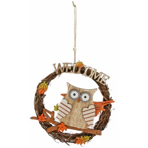 Ghirlanda colorata con gufo e scritta "Welcome", Ø 18 cm, in legno.