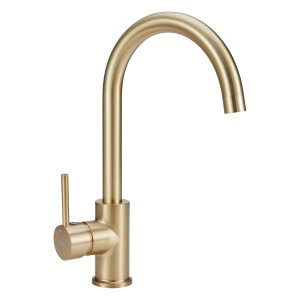 Miscelatore monocomando da cucina baliv KI-1833 dorato con bocca alta e curva.
