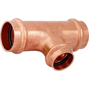 Raccordo a T di riduzione a pressare in rame, 28 mm x 22 mm x 28 mm, per impianti con tubi in rame.