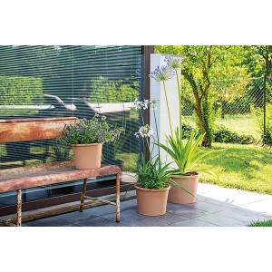 Vaso per piante Deroma Cylinder Bordato, 38 cm, bianco, terracotta con piante su una terrazza.