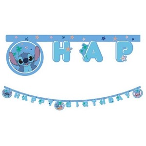 Blaue Happy Birthday Girlande mit Stitch Motiv, 200 cm lang, ideal für Kindergeburtstage.