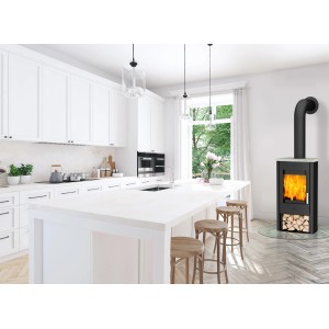 Poêle Fireplace Tuvalu noir avec revêtement en stéatite et bois de chauffage dans un salon moderne.