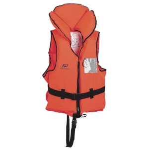 Giubbotto di salvataggio arancione segnaletico, taglia XL, >90 kg, con zip, cinturino pettorale e inguinale per sicurezza in barca.