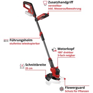 Tagliabordi a batteria Einhell GE-CT 18/25 Li-Solo con larghezza taglio 25 cm e manico regolabile.
