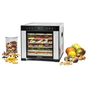 Essiccatore Rommelsbacher DA 950 in acciaio inox con frutta e alimenti essiccati.