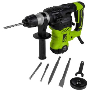 Perforateur burineur Zipper, 1500W, noir et vert, avec forets et burins inclus.
