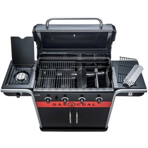 Char-Broil Gas2Coal 2.0 440 Hybridgrill mit 4 Brennern, offen, mit Seitenkochfeld und Zubehör.