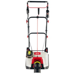 Fraise à neige sans fil AL-KO 36 V ST 4048 avec batterie et chargeur. Fraise à neige compacte en blanc et rouge.
