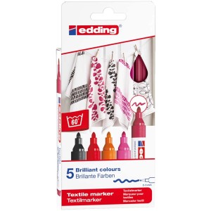 Edding Textilmarker 4500 Warm, 5er-Set in Schwarz, Rot, Orange, Rosa und Karminrot zum Bemalen von Textilien.