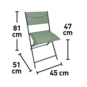 Sedia pieghevole Toconao in antracite-verde con dimensioni di altezza seduta, profondità e altezza totale.