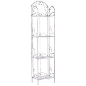 Scaffale Valdivia in ferro bianco con 4 ripiani e ornamenti decorativi shabby-chic. Mobili da giardino.