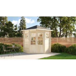 Casetta da giardino in legno Alpholz Sunny-A non trattato con tetto a punta (225x200cm) in giardino.