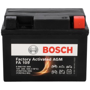 Batterie moto Bosch FA109 AGM 3Ah, 50A, sans entretien et puissante.