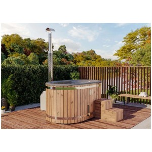 Finntherm Hot Tub Stockholm Anthracite Ø 200 cm en bois thermo avec poêle en acier inoxydable et escalier.
