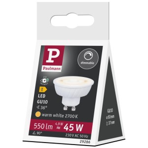 Paulmann LED-Reflektor GU10 dimmbar, weiß, 4,9W, 550lm, warmweiß 2700K, in Verpackung. Flache Bauform.