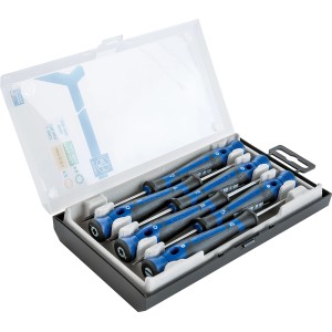 Jeu de tournevis de précision LUX Comfort, 6 pièces, pour vis à fente et Torx dans une boîte.