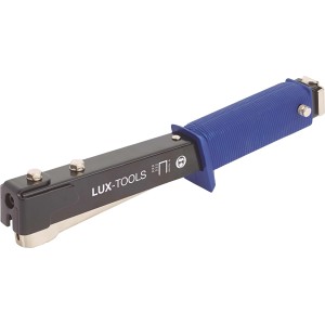 Cucitrice a martello LUX Comfort per graffette a filo fine (6-10mm) con manico blu.