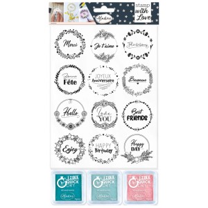 Aladine Stempel-Set With Love Kränze, 15 Stk., mit Stempelkissen in verschiedenen Farben.