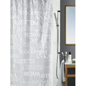 Tenda doccia Spirella Cities, 180x200 cm, argento con motivo nomi di città.