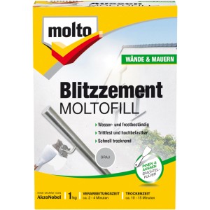 Molto Blitzzement Moltofill, 1 kg, Grau. Schnell härtender Wand- und Deckenspachtel für innen und außen.