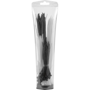 Lot de colliers de serrage, 200 pièces, noir et blanc, pour le regroupement de câbles dans un récipient transparent.