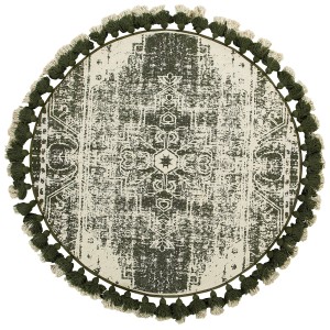 Tapis rond à poils courts Kahta crème-blanc-vert avec pompons, Ø 120 cm.