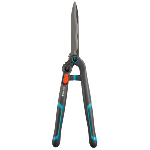Taille-haie manuel Gardena EnergyCut 2en1 avec poignées grises et accents bleus.