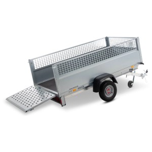 Remorque Stema REX 25 avec ridelles grillagées et hayon ouvert.