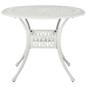 Gros plan sur la table de jardin blanche Beliani Ancona en aluminium, faisant partie d'un ensemble de meubles de jardin.