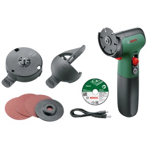 Ensemble meuleuse d'angle sans fil Bosch Easy Cut & Grind avec accessoires, disques à meuler, disques à tronçonner et câble de charge USB.