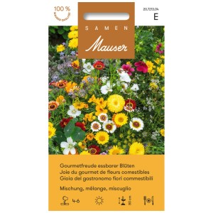 Sachet de graines Gourmetfreude : Mélange de fleurs comestibles jaunes, rouges et blanches.