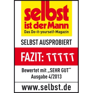 Label « Selbst ist der Mann » pour le bidon d'essence Birchmeier Rapidon 6, édition 4/2013, évaluation « Très bien ».