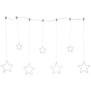 Rideau lumineux LED avec étoiles argentées, lumière blanche chaude, pour une décoration d'ambiance.