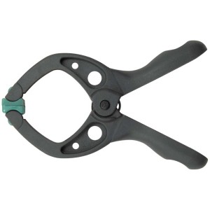 Serre-joint à ressort Wolfcraft microfix MINI, portée 20mm, plastique noir avec mâchoires vertes.