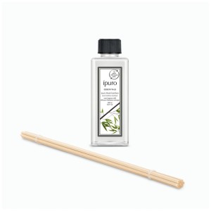 Ipuro Raumduft Refill Black Bamboo 200 ml Nachfüllflasche mit schwarzem Deckel und 7 Diffuserstäbchen aus hellem Holz.