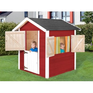 Maisonnette pour enfants Weka Federico, rouge et blanc, avec porte à deux battants et volets.