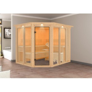 Sauna Karibu Airin 3 con baldacchino LED, legno naturale, ingresso ad angolo e porta in vetro.