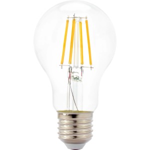 Lampadina LED E27 trasparente a globo con filamenti visibili e attacco a vite. Luce bianca calda, 7W, 806lm.