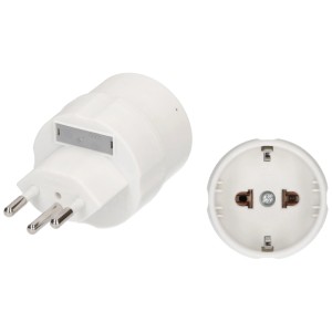 Adaptateur de voyage blanc Schutzkontakt Type 12, 3 pôles pour prises suisses.