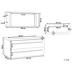 Set mobili bagno Beliani Almeria Beige: Disegno tecnico con misure di specchio, lavabo e mobile sottolavabo.
